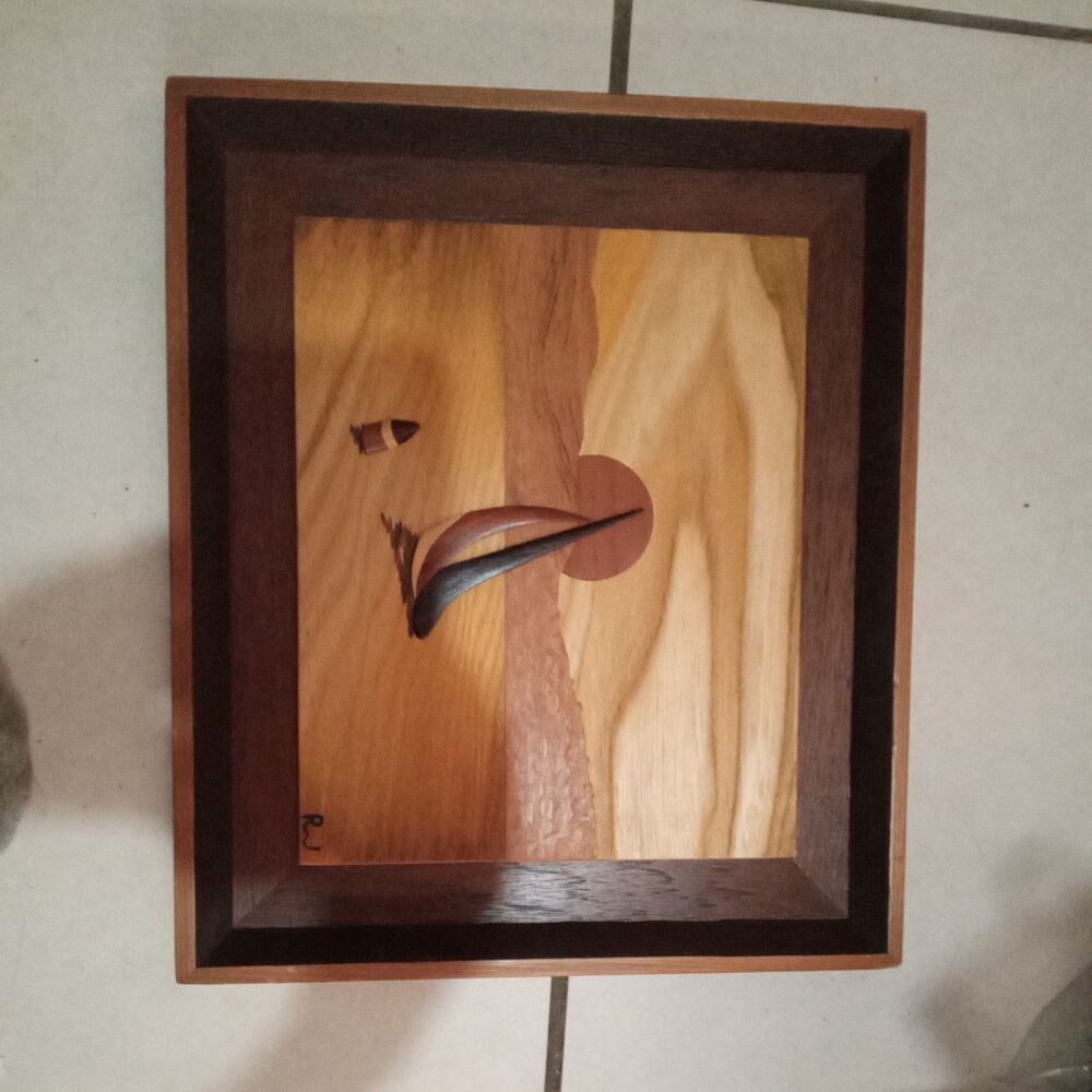 Vintage Robert W Johnson Wood Marquetry Wood Framed Picture Sailboat Moon Lake